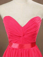 A-Line Strapless Sweetheart Knee Length Chiffon Bridesmaid Dress with Criss Cross Ruching Pleats