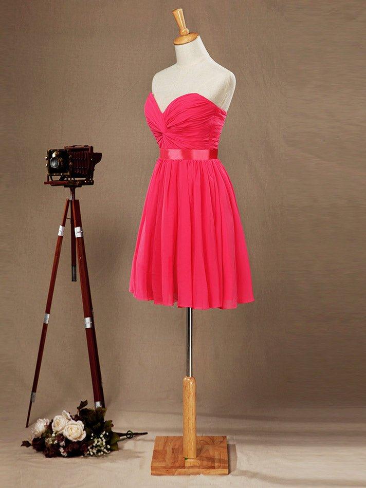 A-Line Strapless Sweetheart Knee Length Chiffon Bridesmaid Dress with Criss Cross Ruching Pleats