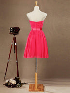 A-Line Strapless Sweetheart Knee Length Chiffon Bridesmaid Dress with Criss Cross Ruching Pleats