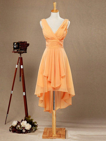 A-Linie V-Ausschnitt High-Low Chiffon Brautjungfernkleid mit drapiertem Criss Cross Rüschen offenem Rücken 