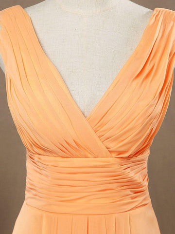 A-Linie V-Ausschnitt High-Low Chiffon Brautjungfernkleid mit drapiertem Criss Cross Rüschen offenem Rücken 