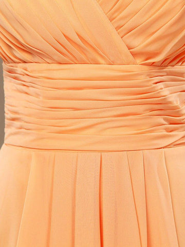 A-Linie V-Ausschnitt High-Low Chiffon Brautjungfernkleid mit drapiertem Criss Cross Rüschen offenem Rücken 