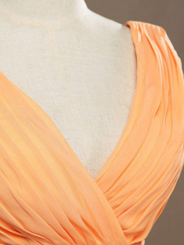A-Linie V-Ausschnitt High-Low Chiffon Brautjungfernkleid mit drapiertem Criss Cross Rüschen offenem Rücken 