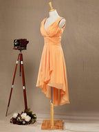 A-Line V-neck High-low Chiffon Bridesmaid Dress with Draping Criss Cross Ruching Open Back