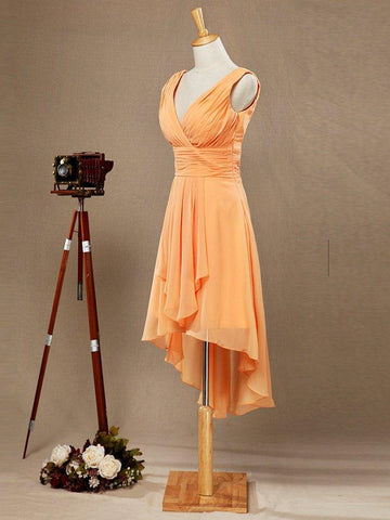 A-Linie V-Ausschnitt High-Low Chiffon Brautjungfernkleid mit drapiertem Criss Cross Rüschen offenem Rücken 