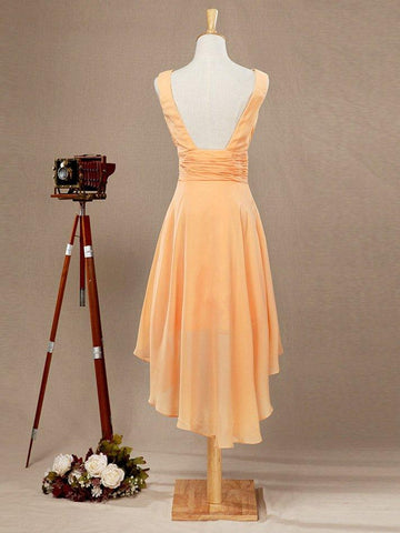 A-Linie V-Ausschnitt High-Low Chiffon Brautjungfernkleid mit drapiertem Criss Cross Rüschen offenem Rücken 