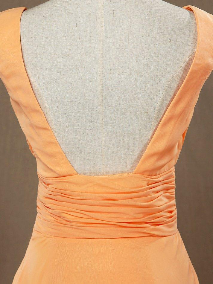 A-Line V-neck High-low Chiffon Bridesmaid Dress with Draping Criss Cross Ruching Open Back