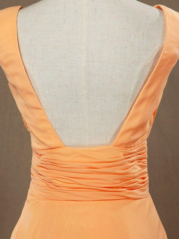 A-Linie V-Ausschnitt High-Low Chiffon Brautjungfernkleid mit drapiertem Criss Cross Rüschen offenem Rücken 