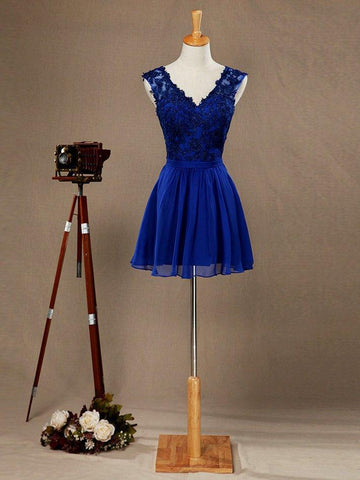 A-Linie V-Ausschnitt Mini Chiffon Match Spitze Cocktailkleid Offener Rücken Brautjungfernkleid Home Coming Kleider 