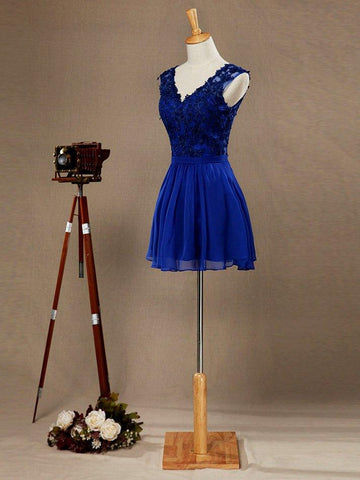 A-Linie V-Ausschnitt Mini Chiffon Match Spitze Cocktailkleid Offener Rücken Brautjungfernkleid Home Coming Kleider 