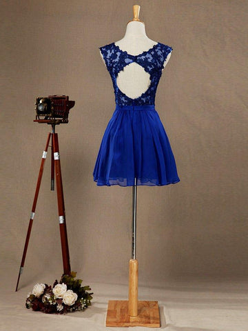 A-Linie V-Ausschnitt Mini Chiffon Match Spitze Cocktailkleid Offener Rücken Brautjungfernkleid Home Coming Kleider 