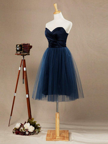 A-Linie, trägerlos, Herzausschnitt, knielang, Satin-Tüll, Brautjungfernkleid 