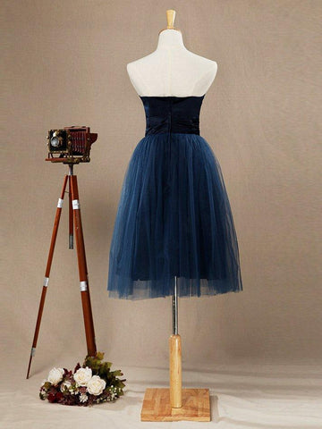 A-Linie, trägerlos, Herzausschnitt, knielang, Satin-Tüll, Brautjungfernkleid 
