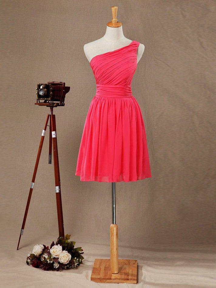A-Line One Shoulder Knee Length Chiffon Bridesmaid Dress with Pleats