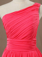 A-Line One Shoulder Knee Length Chiffon Bridesmaid Dress with Pleats