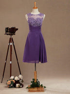 A-Line Knee Length Chiffon Bridesmaid Dress with Lace Jewel Neck Buttons