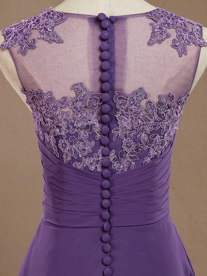A-Line Knee Length Chiffon Bridesmaid Dress with Lace Jewel Neck Buttons