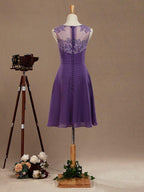 A-Line Knee Length Chiffon Bridesmaid Dress with Lace Jewel Neck Buttons