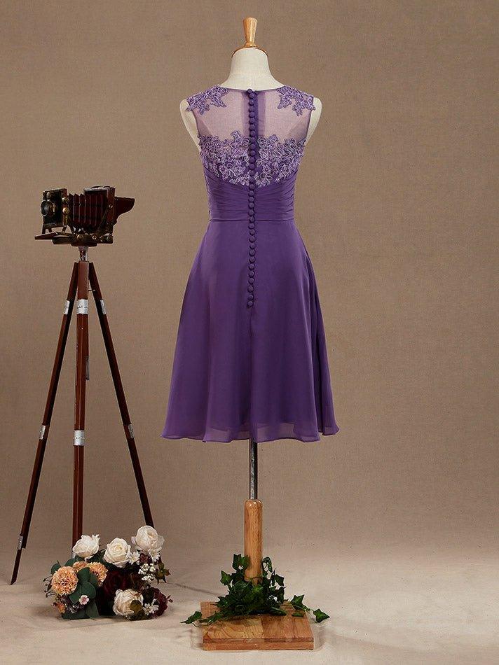 A-Line Knee Length Chiffon Bridesmaid Dress with Lace Jewel Neck Buttons