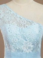 A-Line One Shoulder Floor Length Chiffon Lace Bridesmaid Dress with Pleats