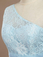 A-Line One Shoulder Floor Length Chiffon Lace Bridesmaid Dress with Pleats