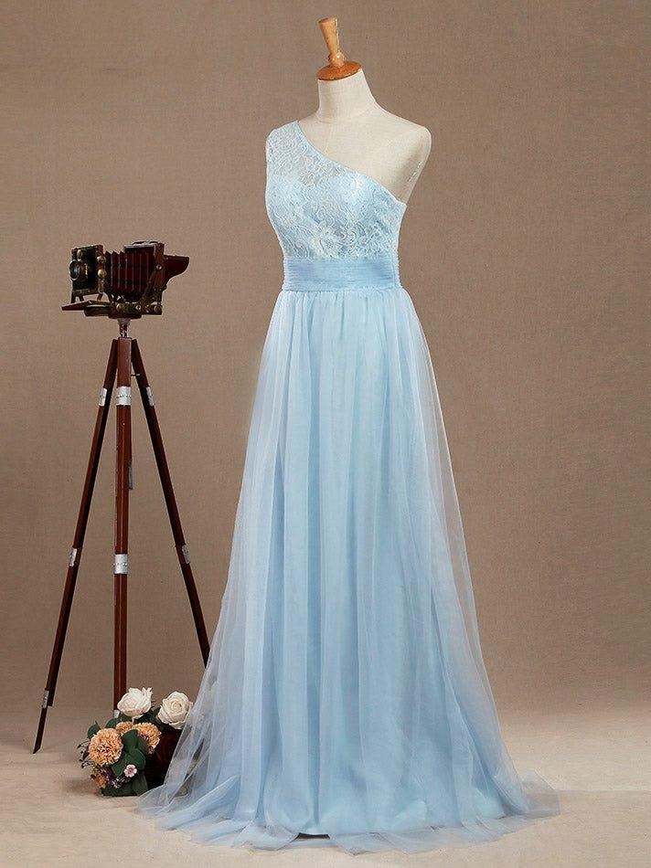 A-Line One Shoulder Floor Length Chiffon Lace Bridesmaid Dress with Pleats