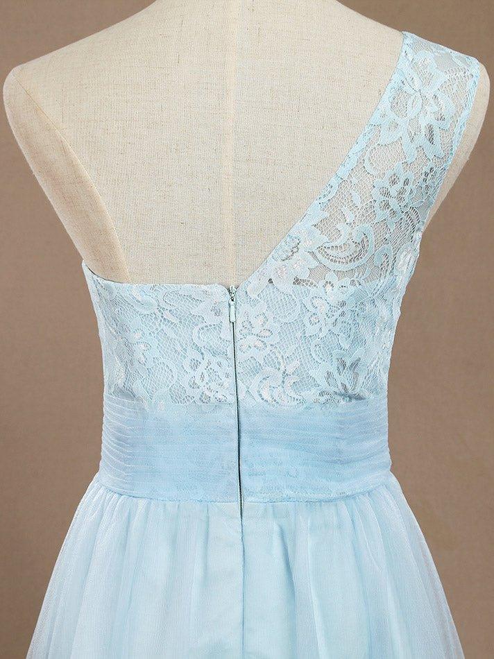 A-Line One Shoulder Floor Length Chiffon Lace Bridesmaid Dress with Pleats