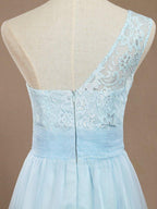 A-Line One Shoulder Floor Length Chiffon Lace Bridesmaid Dress with Pleats