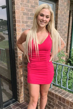 Vestido Casual Ajustado en Rosa Fuerte con Escote en V para Fiesta, Mini Vestido para el Baile de Bienvenida Y967