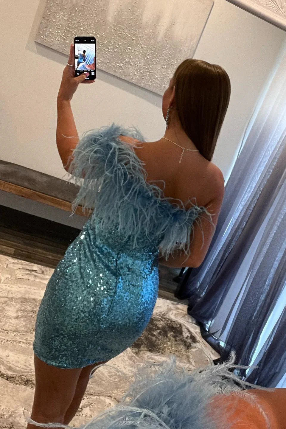 Jednoramienna Niebieska Sukienka Bodycon z Cekinami na Studniówkę Y2728