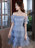 Blaues Kurzschicht-Tüll-Abendkleid Blaues Trägerloses Homecoming-Kleid Partykleid Y1975