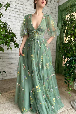 Illusion A-Line V-Neck Half Sleeves Appliques Green Prom Dress PSK384
