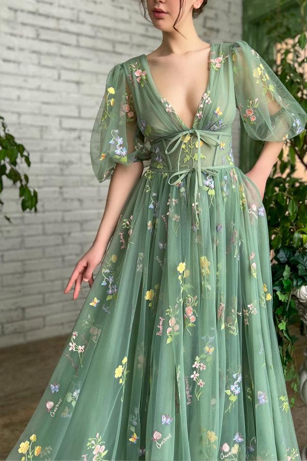 Illusion A-Linie V-Ausschnitt Halbarm Applikationen Grünes Ballkleid PSK384