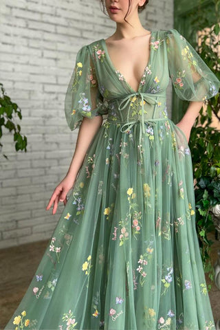 Illusion A-Line V-Neck Half Sleeves Appliques Green Prom Dress PSK384