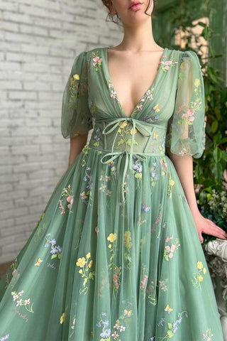 Illusion A-Line V-Neck Half Sleeves Appliques Green Prom Dress PSK384