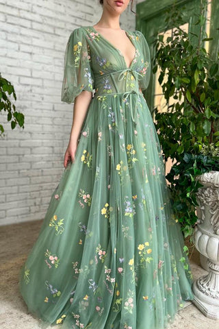 Illusion A-Line V-Neck Half Sleeves Appliques Green Prom Dress PSK384