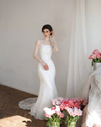 Elegant Printed Crystal Sheer Lace Mermaid Wedding Dress SW539