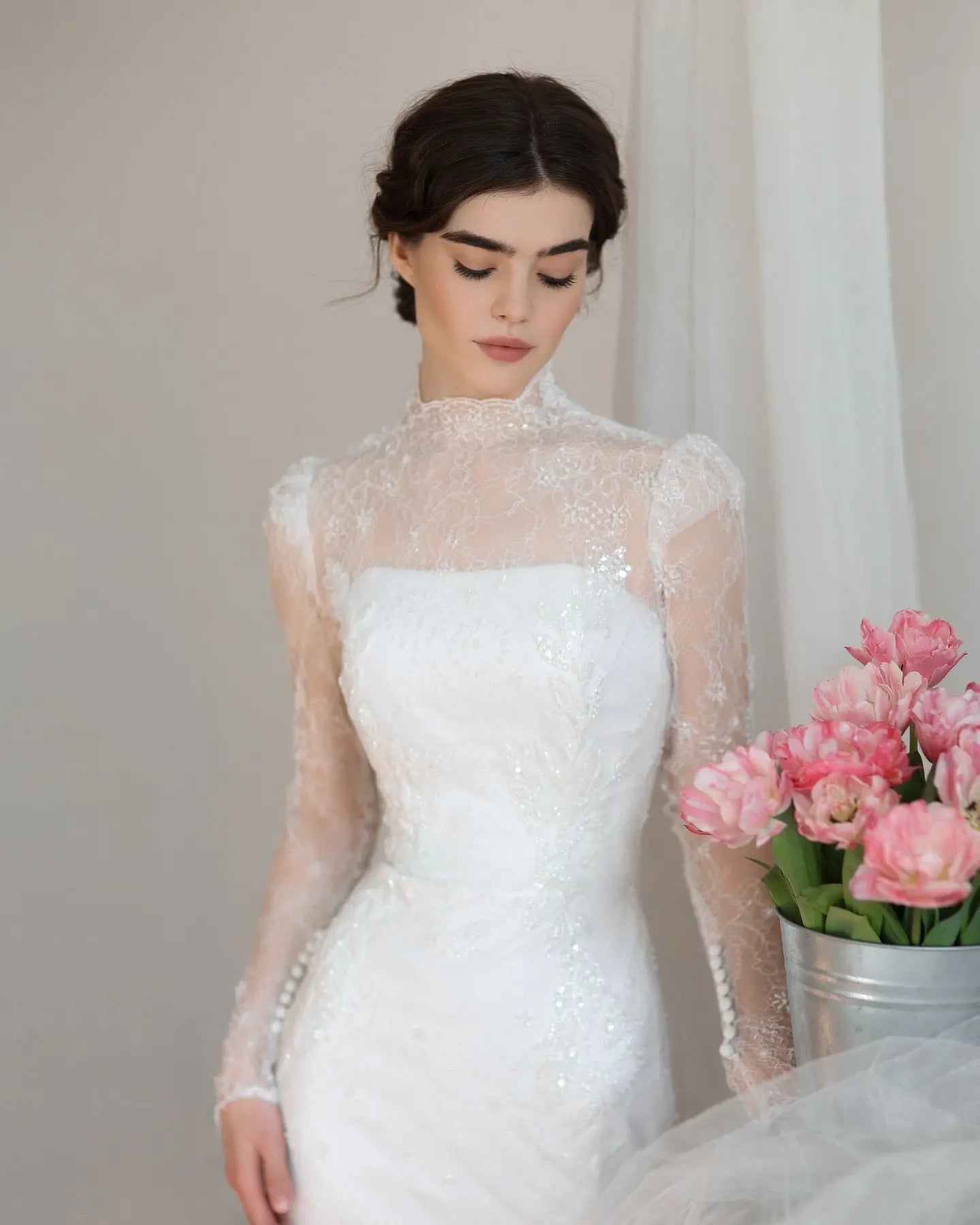 Elegant Printed Crystal Sheer Lace Mermaid Wedding Dress SW539