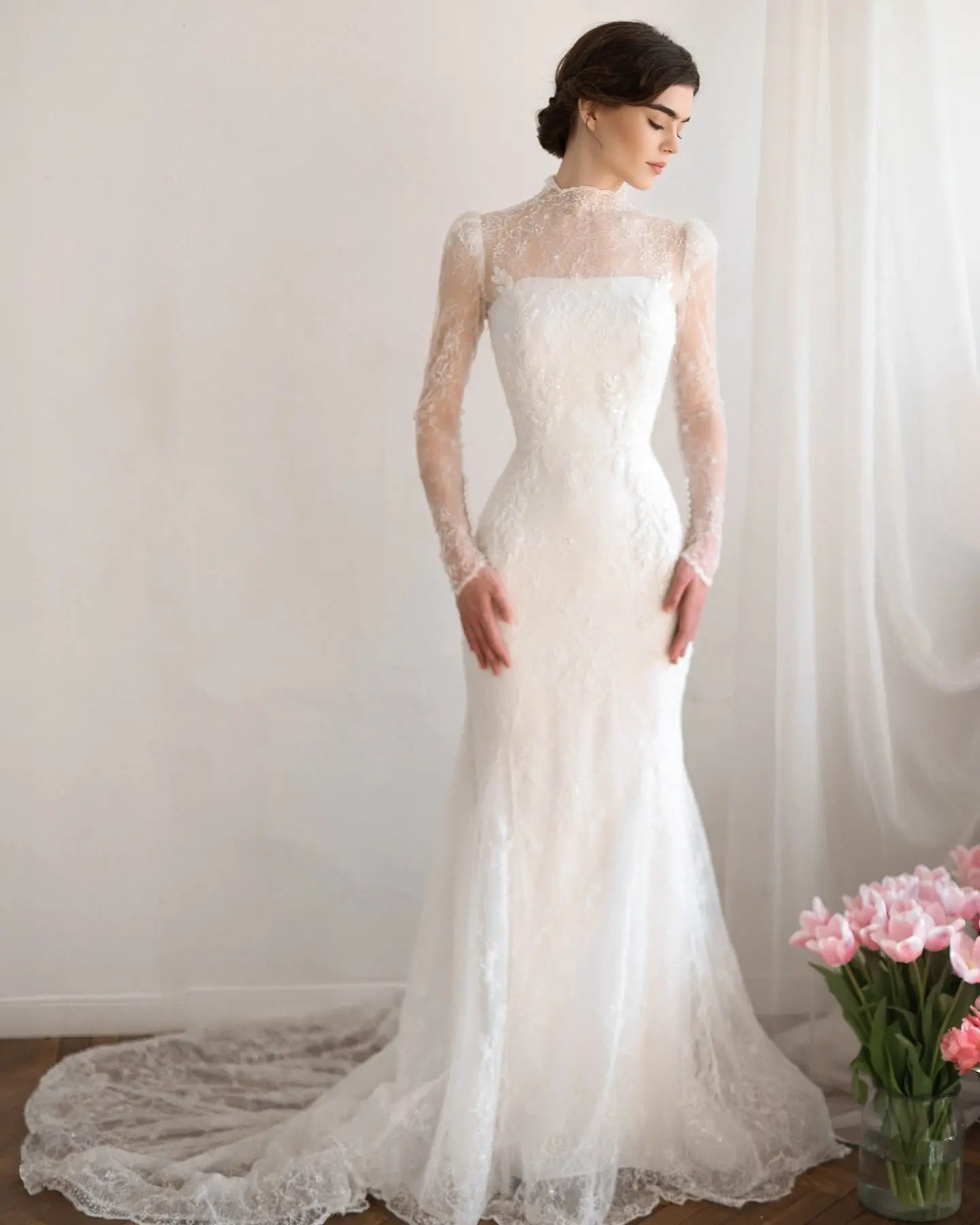 Elegant Printed Crystal Sheer Lace Mermaid Wedding Dress SW539