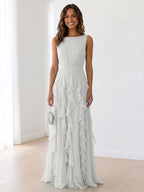 Sleeveless Tiered Chiffon Maxi Evening Gown with Ruched Bodice
