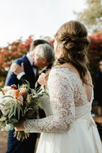 Elfenbeinfarbenes Chiffon-Spitzen-Brautkleid in Übergröße mit U-Ausschnitt und langen Ärmeln, MW585