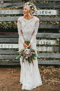 Vestidos de noiva estilo boho, manga comprida, decote em V, com decote em V, cor marfim, MW569