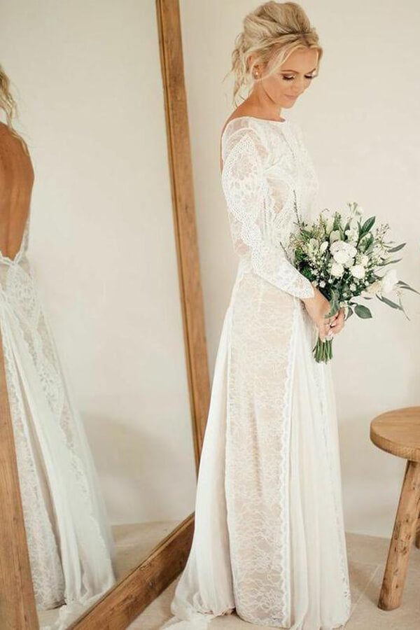 Ivory Lace Backless Long Sleeves Boho Wedding Dresses, Bridal Gown, MW569