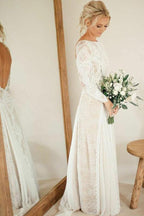Ivory Lace Backless Long Sleeves Boho Wedding Dresses, Bridal Gown, MW569
