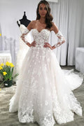 Abito da sposa in pizzo avorio senza schienale con maniche lunghe, linea A e strascico, MW609