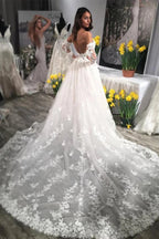 Ivory Lace Long Sleeves A-line Backless Wedding Dresses With Train, MW609
