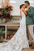 Robe de mariée plage sirène en dentelle ivoire avec encolure en V, robe de mariée à appliqués, MW616