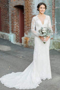 Elfenbein Spitze Etuikleid V-Ausschnitt Lange Ärmel Brautkleider, Brautkleid, MW610