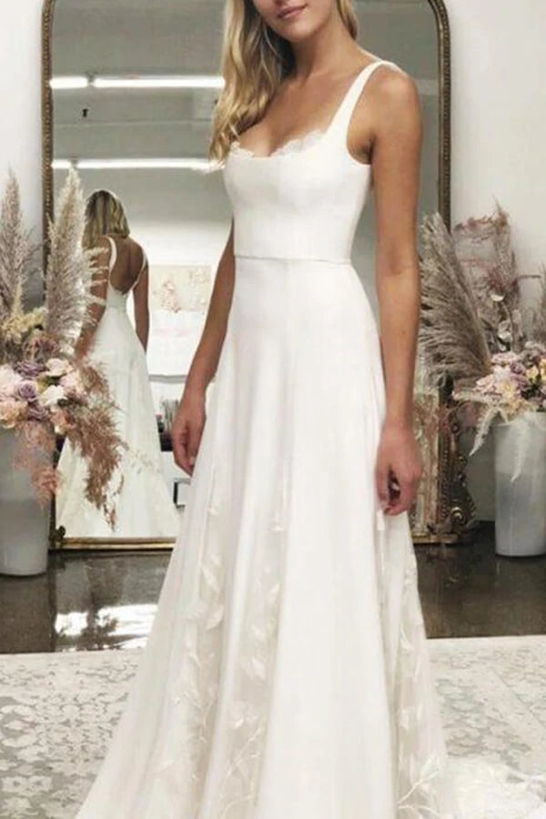 Ivory Satin A-line Spaghetti Straps Wedding Dresses, Wedding Gown, MW638