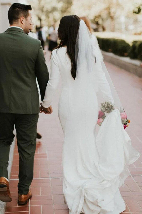 Ivory Satin Mermaid Long Sleeves Scoop Wedding Dresses, Bridal Gowns, MW617